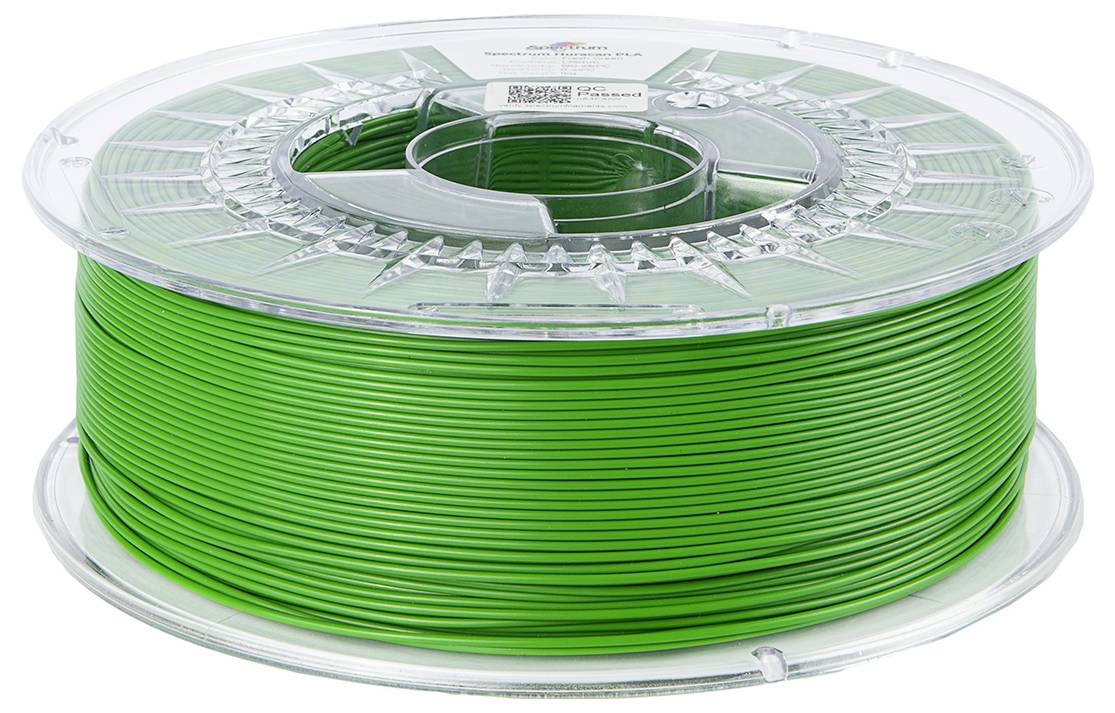 Spule mit grünem 3D-Drucker-Filament, gut aufgerollt, zeigt die Farbe des Materials und die durchsichtige Kunststoffspule.