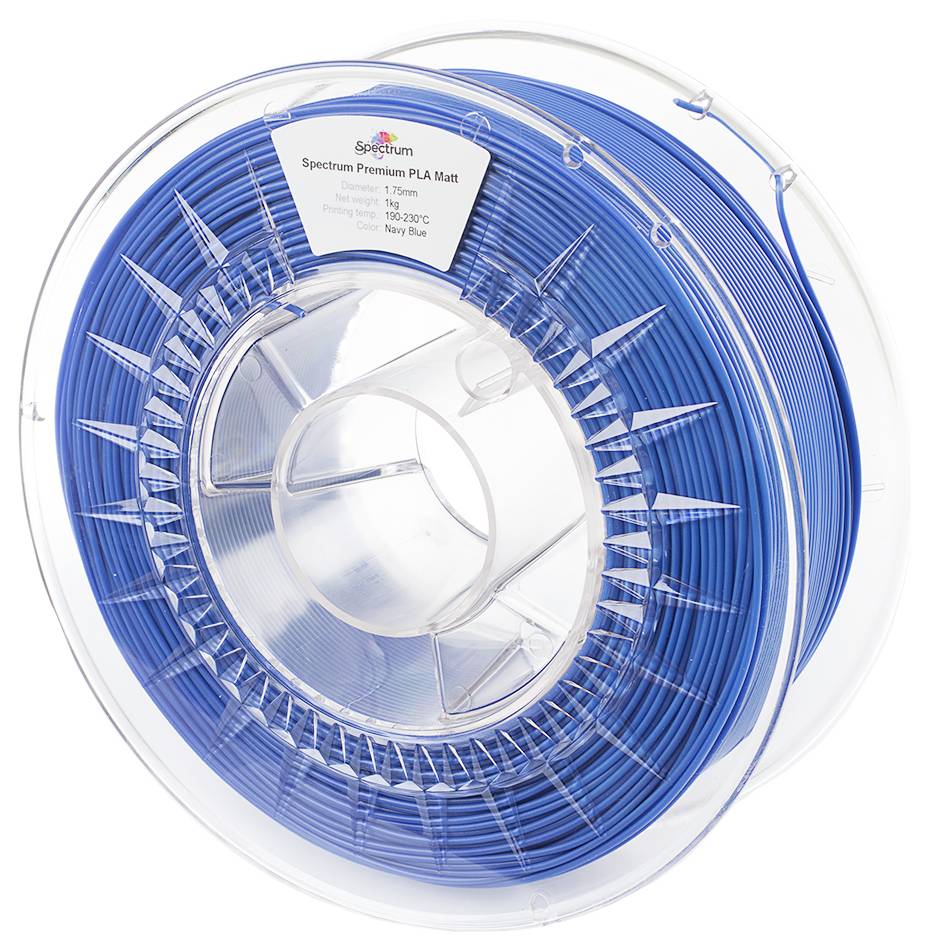 PLA-Filament-Spule in Blau, mit Etikett 'Spectrum Premium PLA Matte', geeignet für 3D-Drucker.