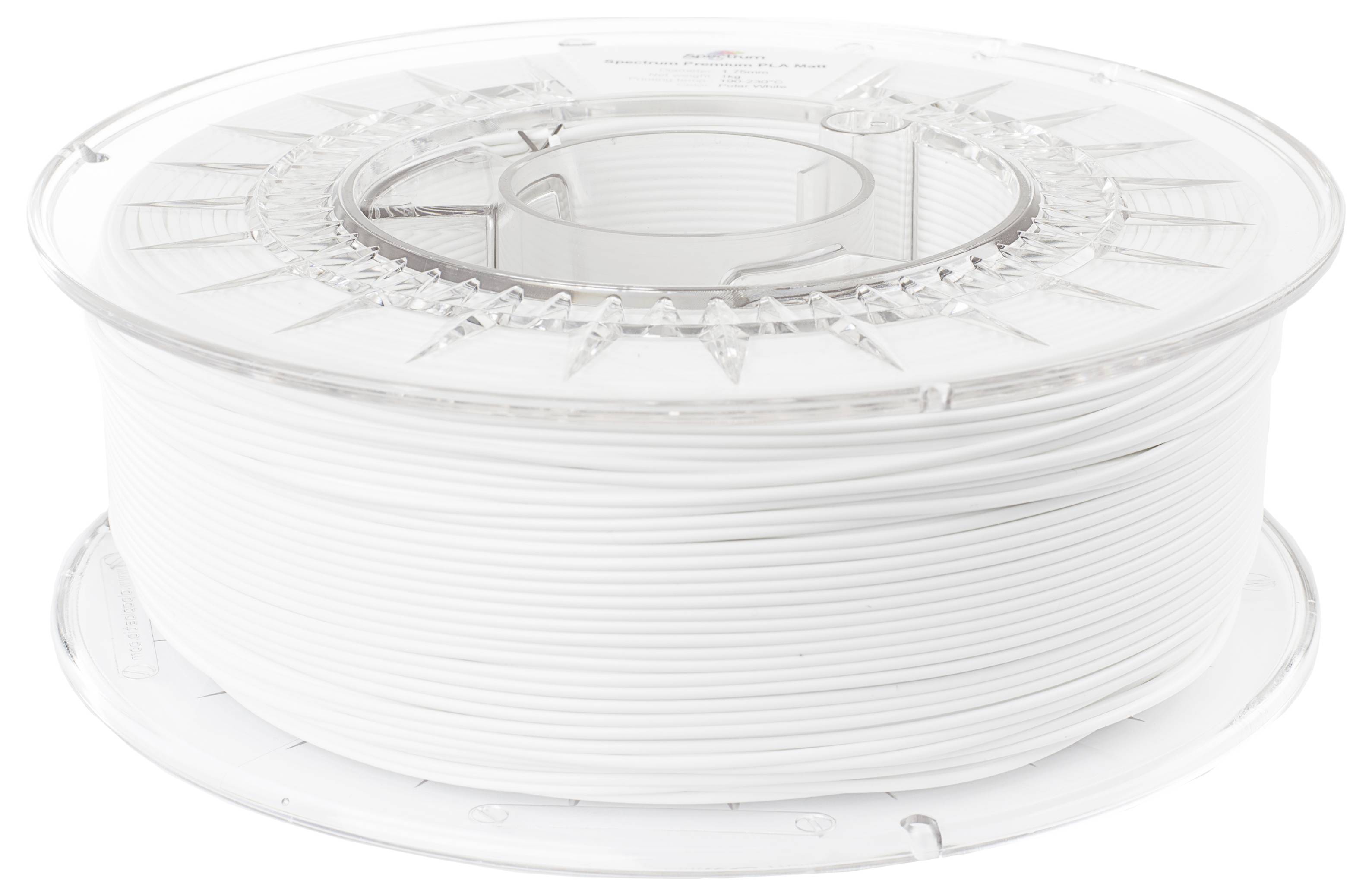 Eine Rolle weißes 3D-Druckerfilament aus Kunststoff, auf ein transparentes Kunststoffspulengehäuse gewickelt, vor einem weißen Hintergrund.