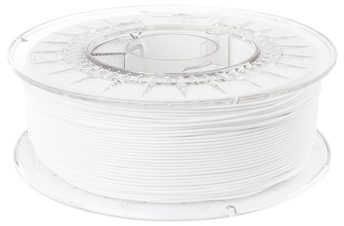 Eine Rolle weißes Filament für 3D-Drucker auf einer transparenten Spule, bereit zum Einsatz.