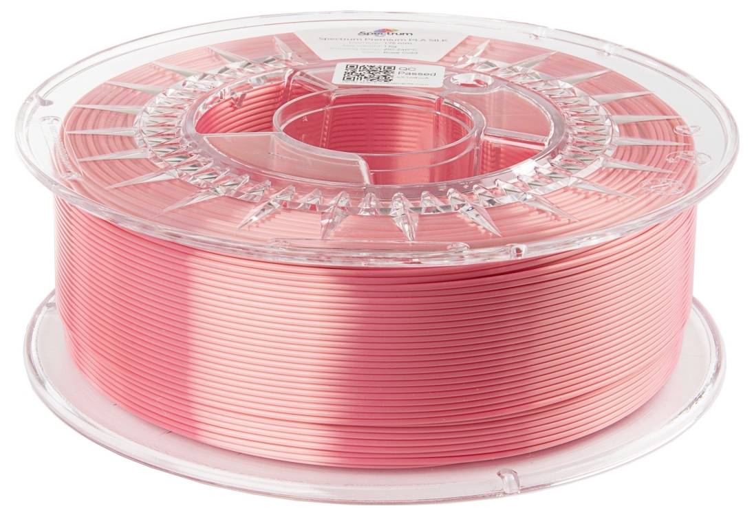 Eine durchsichtige Spule mit rosa 3D-Drucker-Filament.
