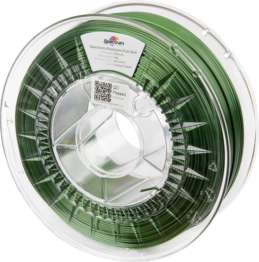 Grüne Rolle aus Kunststoffmaterial für 3D-Drucker, beschriftet als 'Spectrum Premium PLA SILK', auf Spule gewickelt.