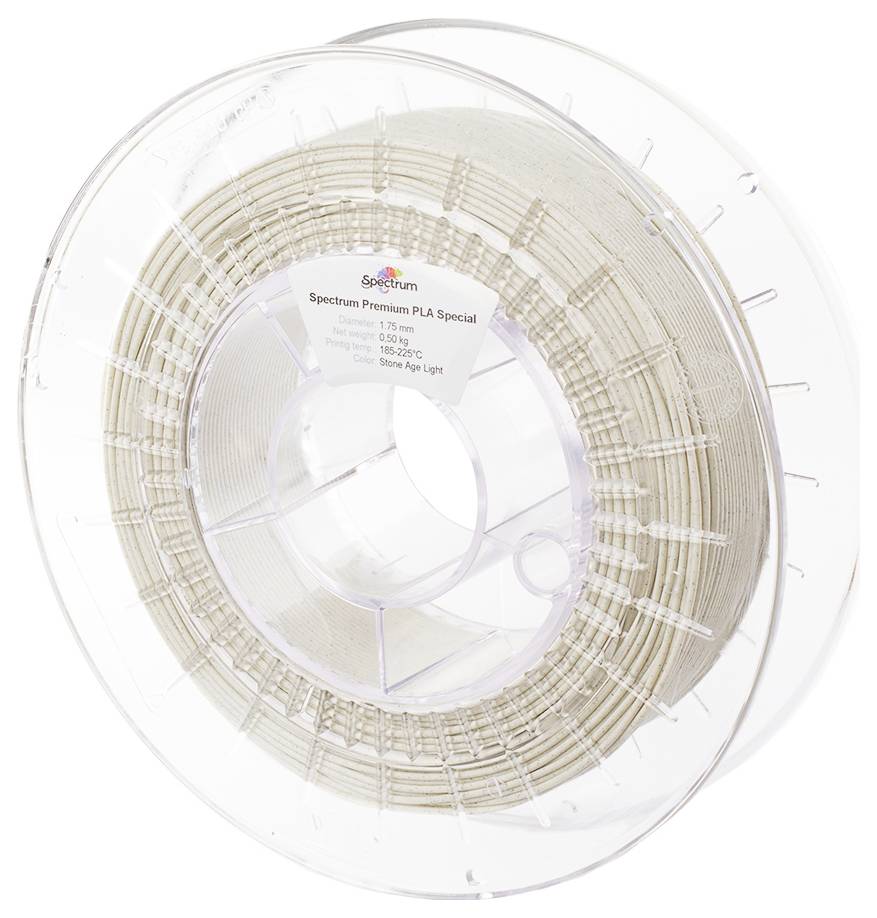 Rolle aus 3D-Drucker-Filament in Beige, gelabelt als 'Spectrum Premium PLA Special', zeigt Details zu Material, Gewicht und Temperatur.