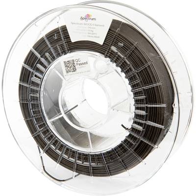 Eine durchsichtige Spule mit braunem 3D-Druckmaterial namens 'Spectrum WOOD Filament', geeignet für 190-230°C Drucktemperatur.