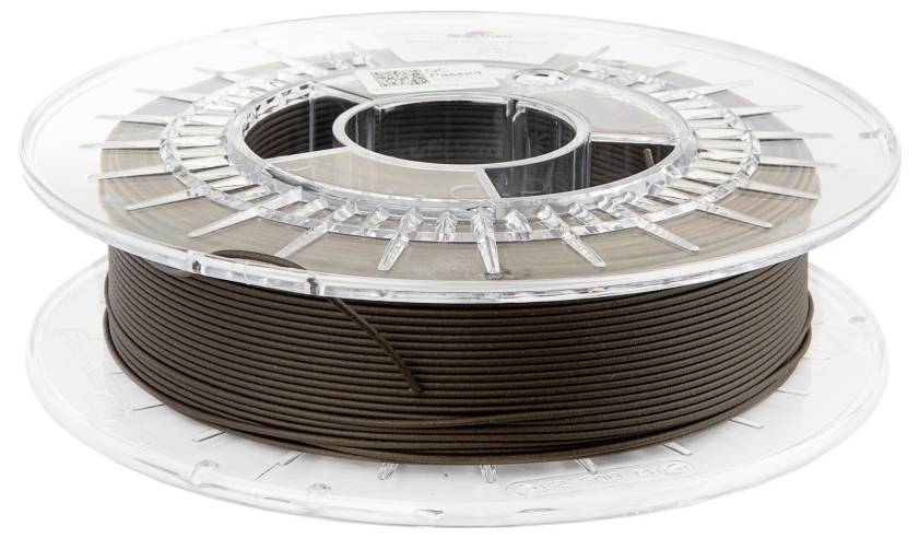 Kunststoffspule mit braunem Filament, verwendet für 3D-Drucker. Das Filament ist ordentlich aufgerollt und von einer transparenten Abdeckung umgeben.