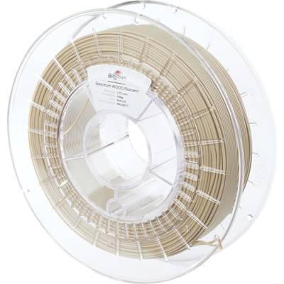 Spule mit braunem 3D-Druckmaterial, bezeichnet als 'Spectrum WOOD Filament'. Geeignet für Temperaturen zwischen 190°C und 230°C.