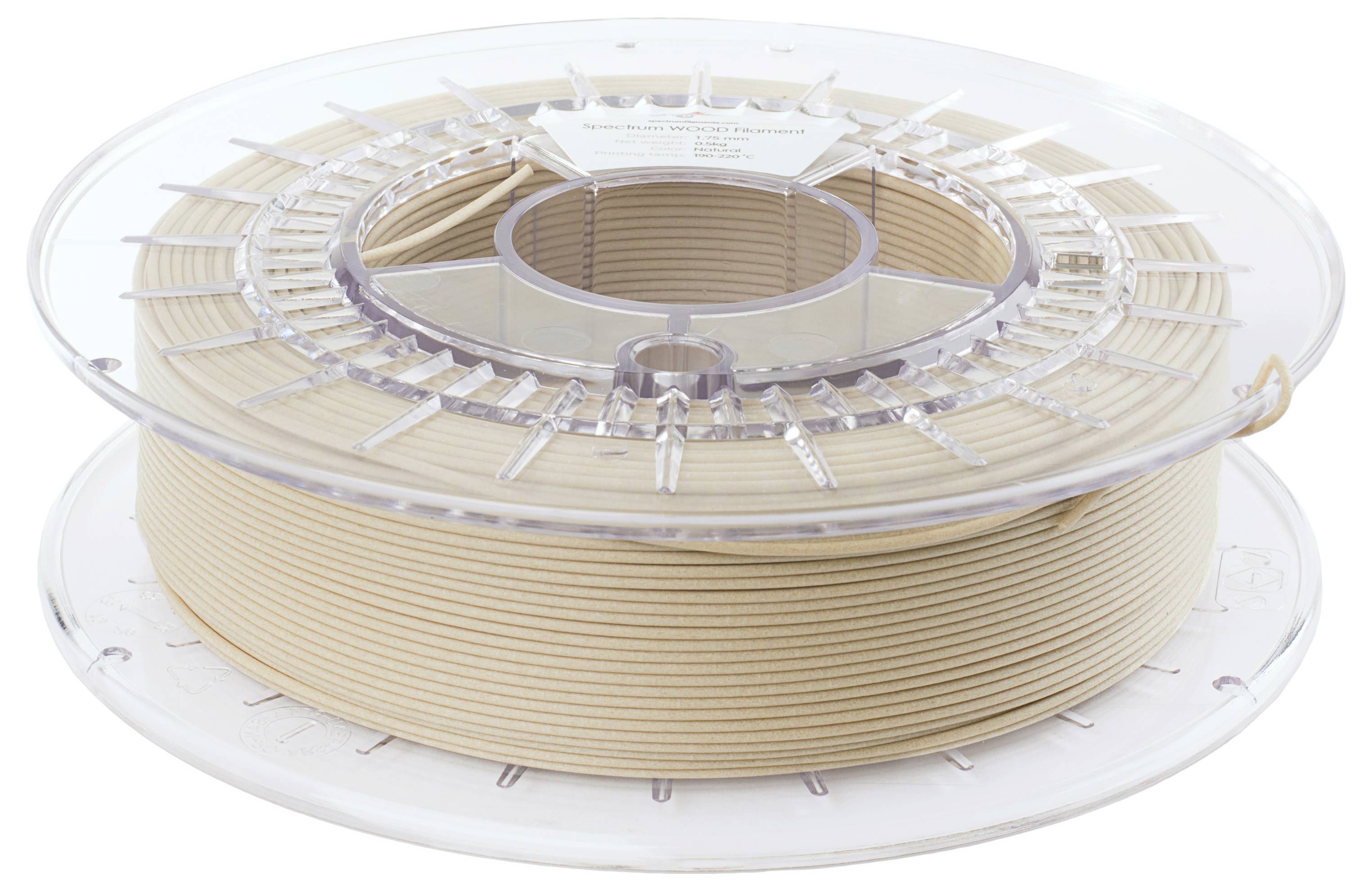 Eine transparente Spule, die mit beigem 3D-Druckerfilament gefüllt ist, bereit für den Einsatz in 3D-Drucktechnologien.