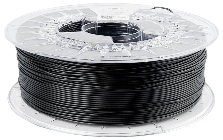 Eine durchsichtige Spule mit schwarzem 3D-Druckfilament, das gleichmäßig um den Kern gewickelt ist.
