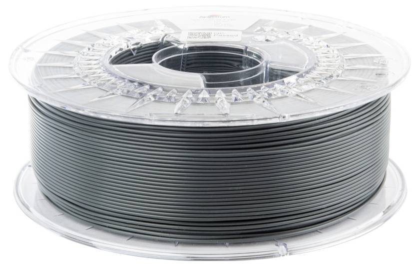Eine durchsichtige Plastikspule mit dunkelgrauem Filament, das für 3D-Drucker verwendet wird.