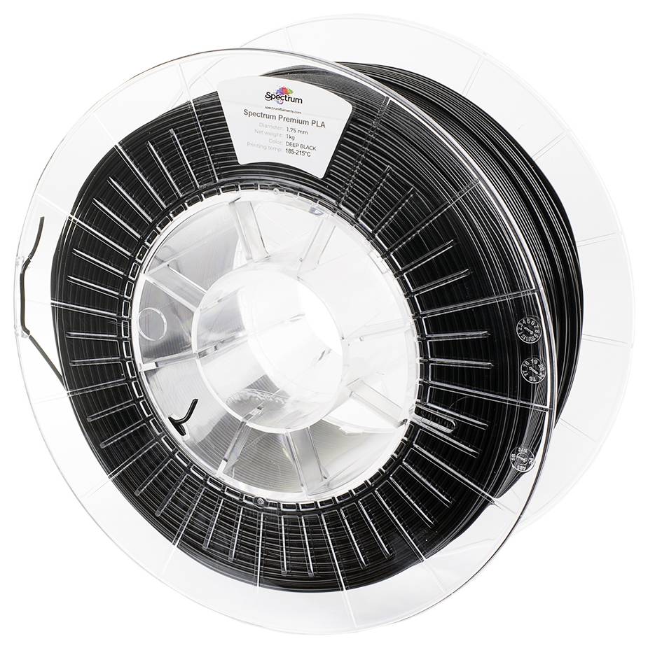 Eine Rolle schwarzes PLA-Filament von Spectrum für 3D-Drucker, auf einer transparenten Kunststoffspule aufgewickelt.