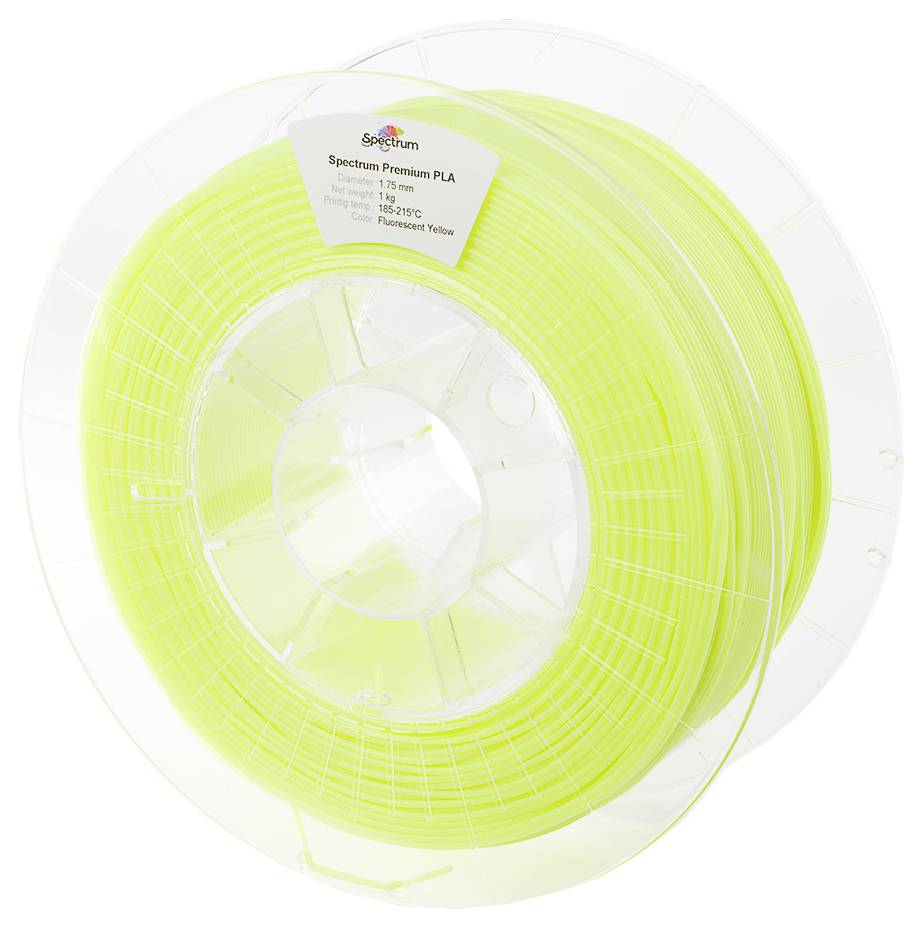 3D-Druckfilamentrolle in fluoreszierendem Gelb, Markenetikett 'Spectrum Premium PLA' sichtbar. Ideal für 3D-Druckanwendungen.