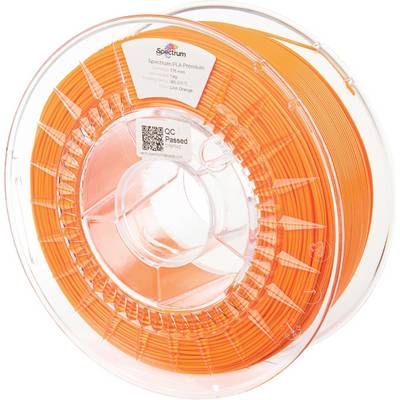 Orange Kunststoff-Filament-Spule für 3D-Drucker, transparent umhüllt, mit Etikett 'Spectrum PLA Premium' und QR-Code.