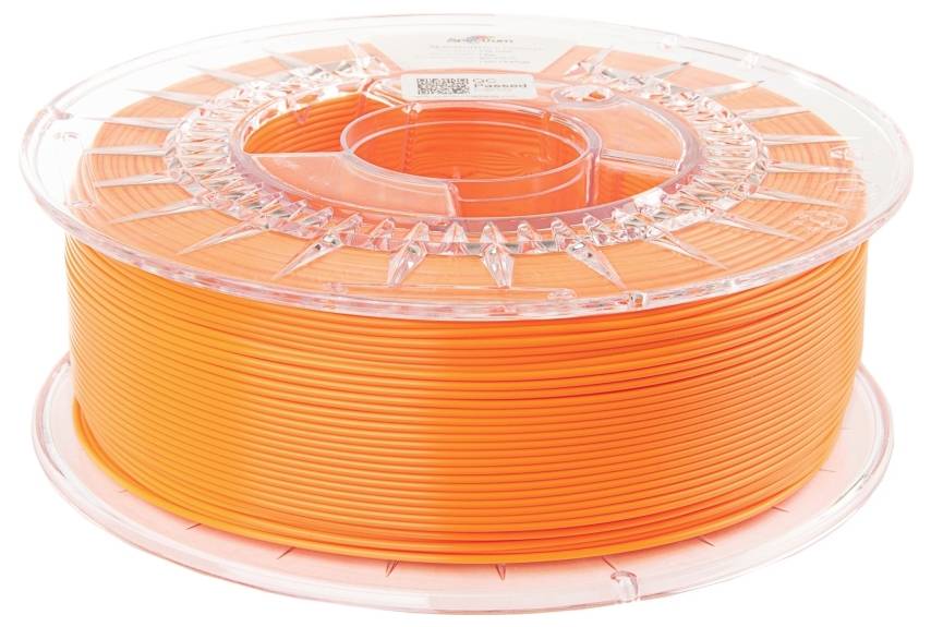 Eine Rolle mit orangefarbenem 3D-Druck-Filament, auf einer transparenten Kunststoffspule aufgewickelt.
