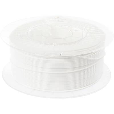 Eine große Spule mit weißem Filament für 3D-Drucker, in einer transparenten Kunststoffverpackung auf einer glatten Oberfläche.