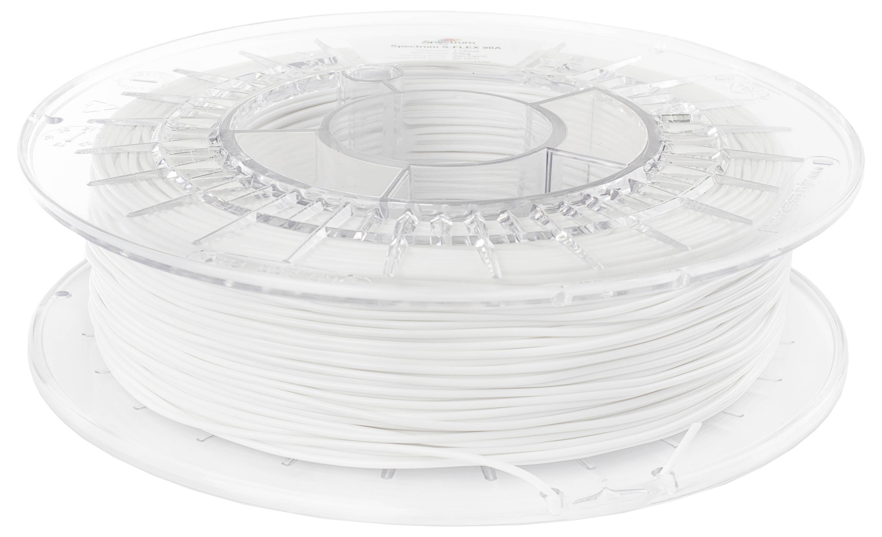 Eine Spule aus weißem Filament, das häufig für 3D-Drucker verwendet wird. Die transparente Spule zeigt die aufgewickelte Schnur.
