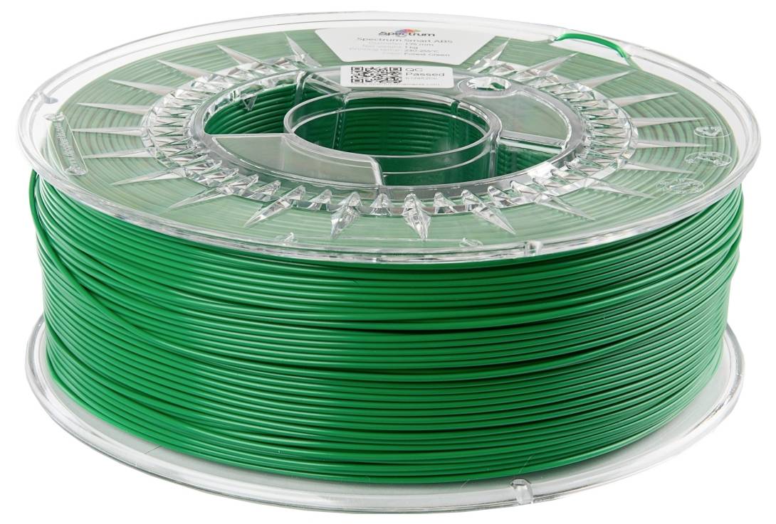 Grüne Filamentrolle aus Kunststoff für 3D-Drucker, teilweise durchsichtiges Gehäuse zeigt Wickelung des Materials.