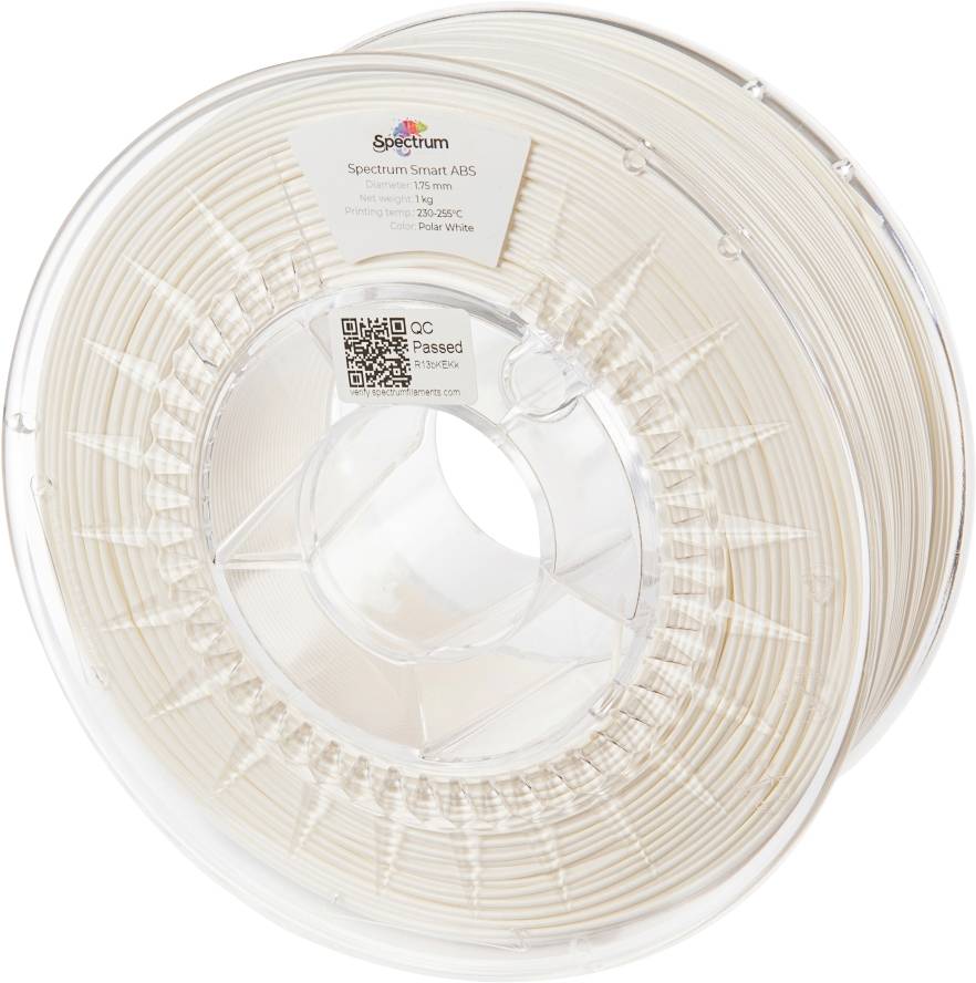 Spule mit weißem 3D-Druckerfilament. Etikett zeigt: 'Spectrum Smart ABS', Materialdetails und QR-Code.
