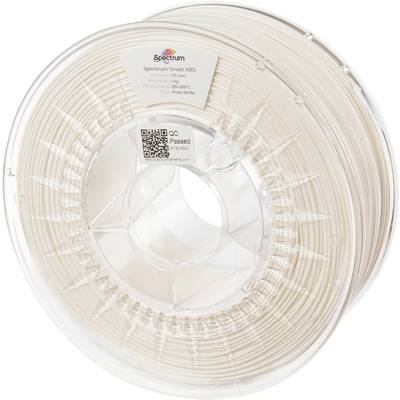 Spule mit weißem 3D-Druckerfilament. Etikett zeigt: 'Spectrum Smart ABS', Materialdetails und QR-Code.