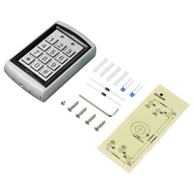 Ein elektronisches Zahlenschloss mit Tastenfeld, beigelegt sind Schrauben, Dübel, elektrische Komponenten und ein Schaltplan.