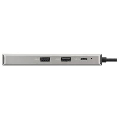 Ein USB-Hub mit zwei USB-A-Anschlüssen und einem USB-C-Anschluss, verbunden über ein Kabel.