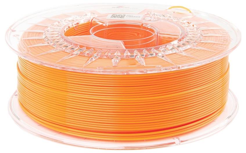 Eine Spule mit orangefarbenem 3D-Druck-Filament, seitlich abgebildet.