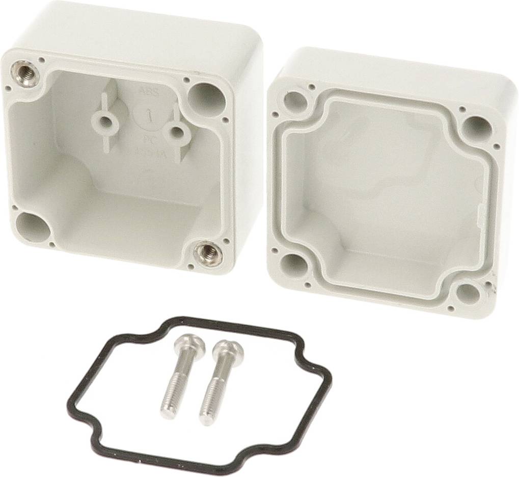 Elektrisches Gehäuse-Set mit geöffnetem Behälter, Dichtung und zwei Schrauben, zur Sicherung und Schutz elektrischer Komponenten.