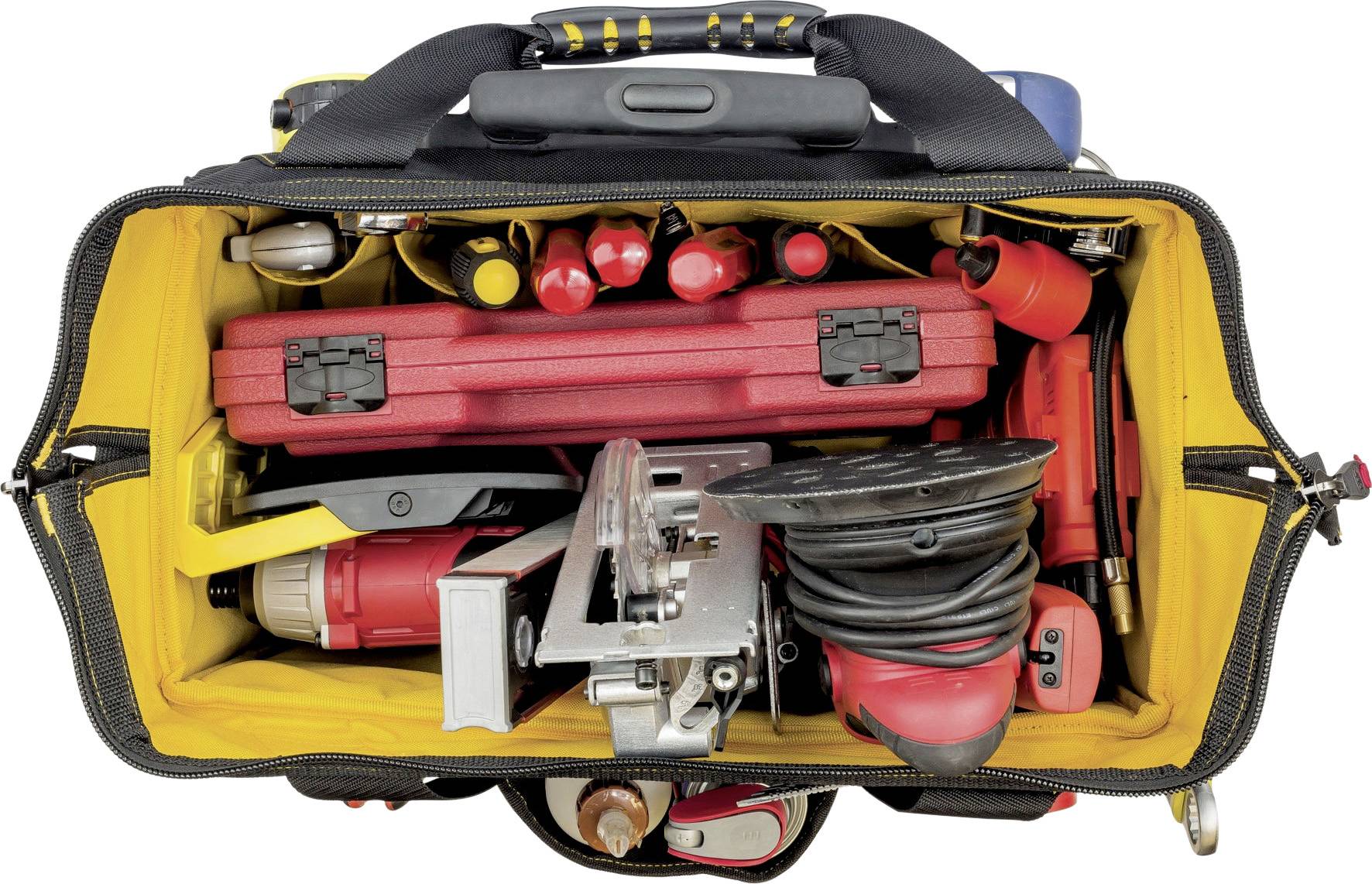 Eine offene Werkzeugtasche, gefüllt mit verschiedenen Werkzeugen wie Zangen, Schraubendreher, Maßband und einer roten Werkzeugkiste.