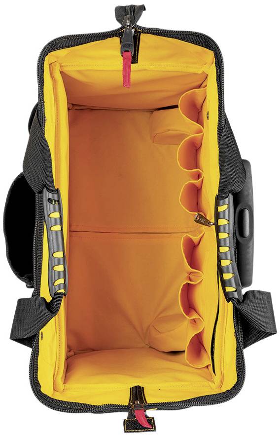 Werkzeugtasche von oben fotografiert, zeigt leere Fächer mit gelbem Innenfutter und schwarzer Außenseite.