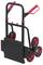 Zusammenklappbarer Transportwagen mit roter und schwarzer Farbgebung, robustem Rahmen und drei Rädern an jeder Seite für Treppenmobilität.