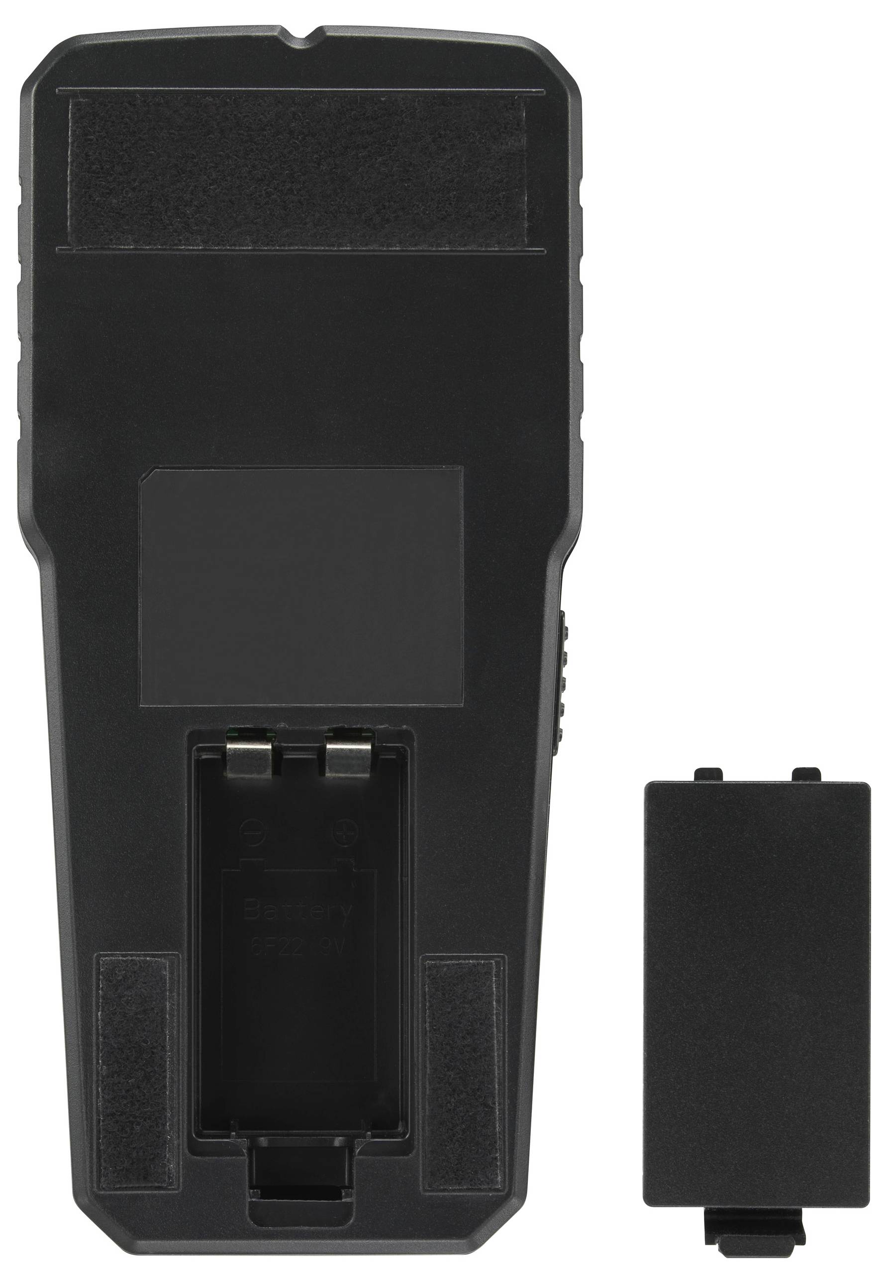 Rückansicht eines schwarzen elektronischen Geräts mit Batteriefachdeckel, der neben dem Gerät liegt.