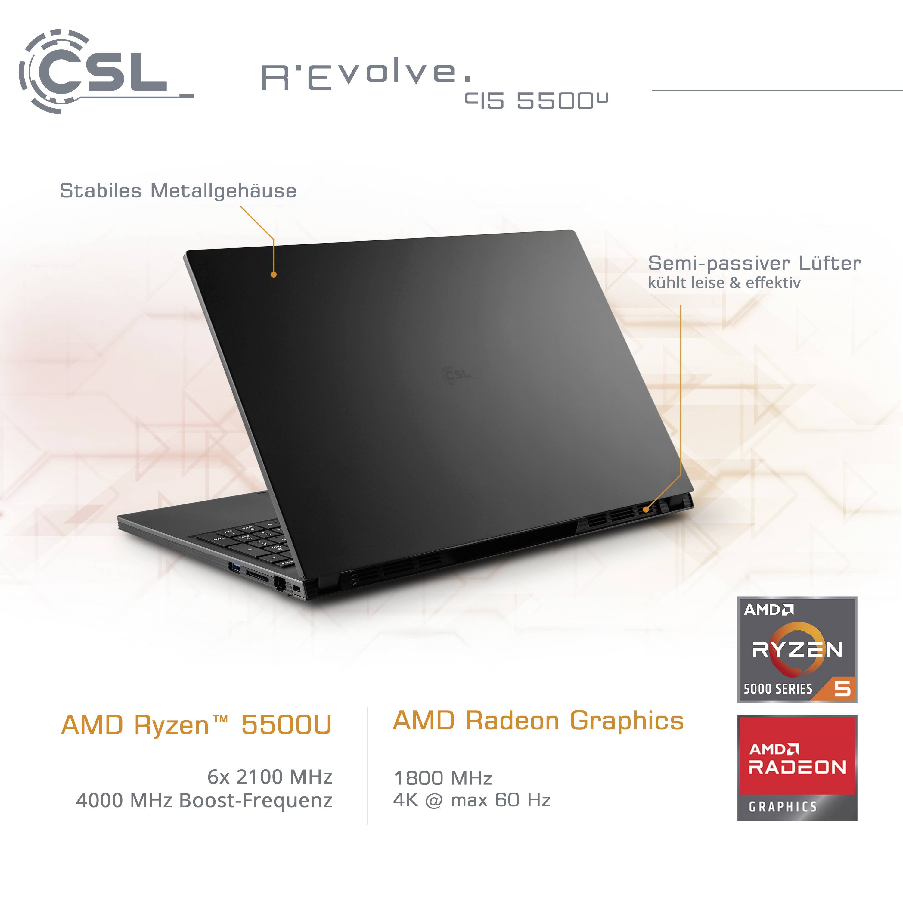 'Laptop mit stabilem Metallgehäuse und semi-passivem Lüfter. Enthält AMD Ryzen 5500U Prozessor und AMD Radeon Graphics. Unterstützt 1800 MHz, 4K bei 60 Hz.'