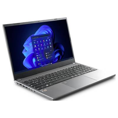Ein geöffneter Laptop, der den Windows-Desktop mit geöffneter Startmenü-Anzeige zeigt. Das Design des Geräts ist schlank und modern.