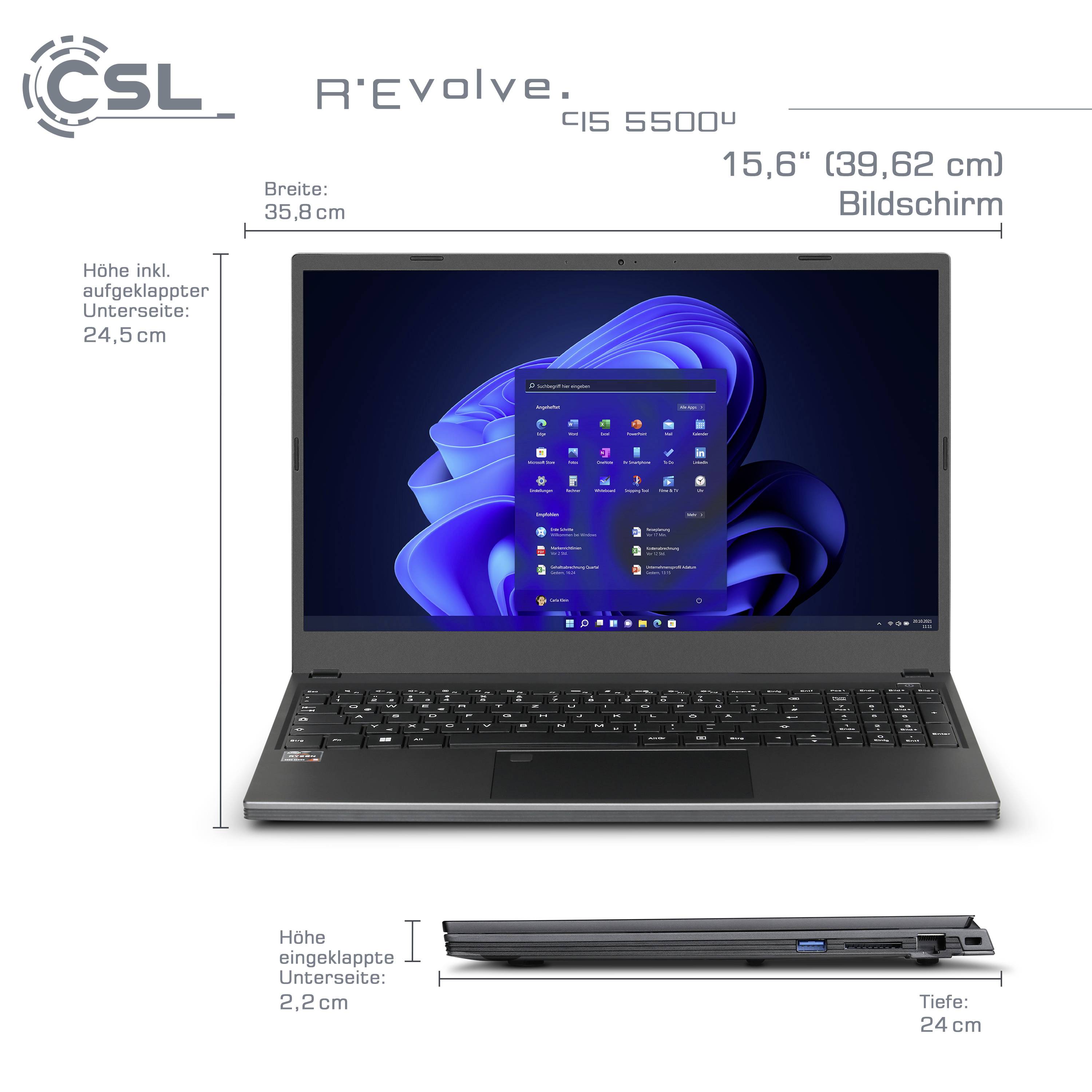 Ein Laptop-Computer offen mit 15,6-Zoll-Bildschirm; daneben geschlossener Laptop. Bildschirm zeigt Windows-Desktop.
