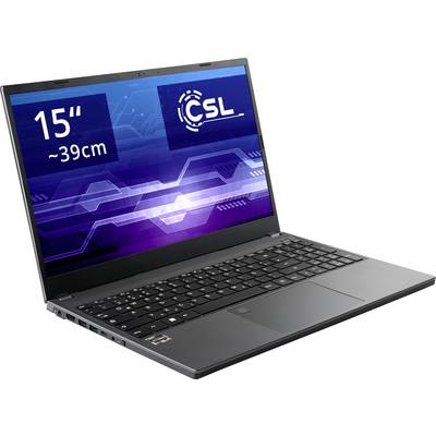 'Schwarzer Laptop mit 15 Zoll Display. Bildschirm zeigt das CSL-Logo und technische Grafiken.'