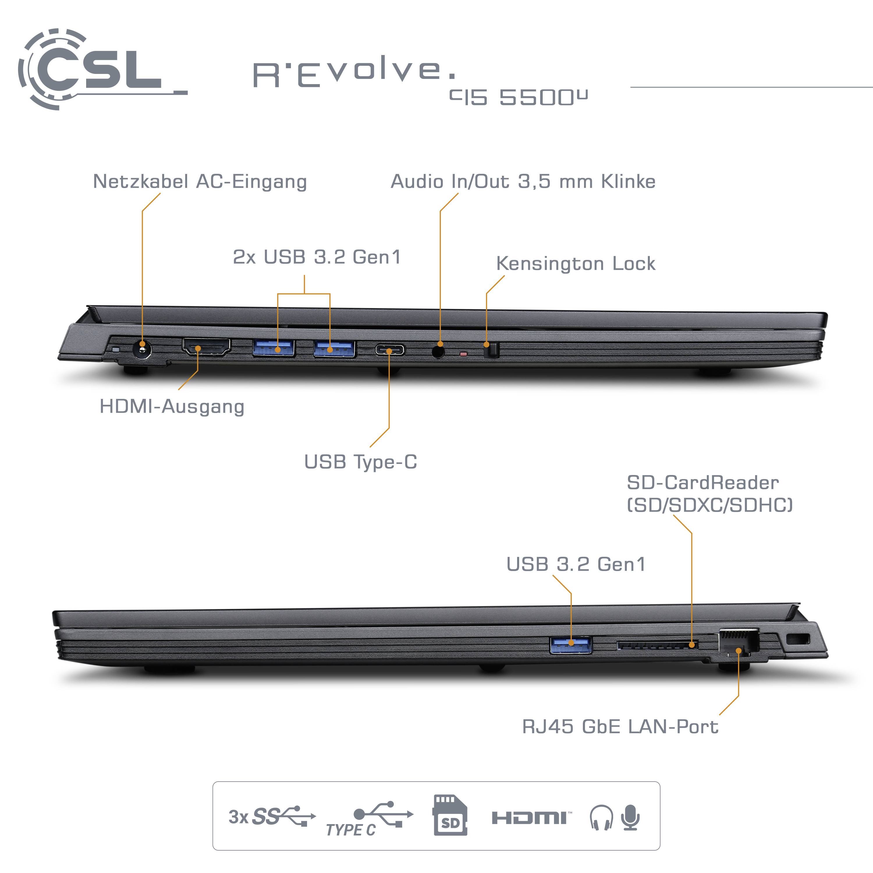'CSL R'Evolve' Laptop seitliche Ansicht mit Anschlüssen: HDMI, 2x USB 3.2 Gen1, USB Type-C, Audio/Klinke, Netzanschluss, Kensington Lock, RJ45, SD-CardReader.