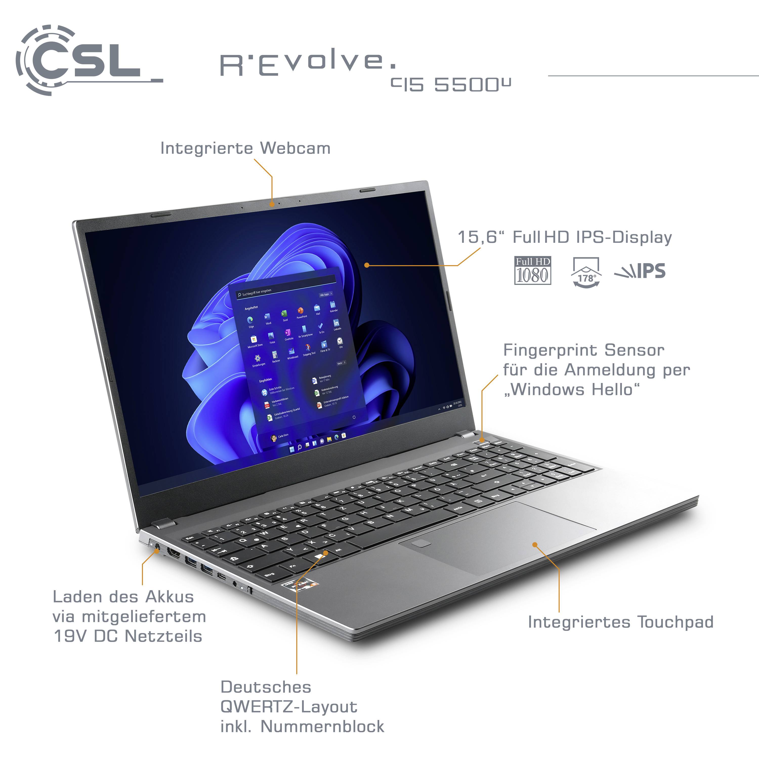'CSL Laptop mit integriertem Webcam, 15,6 Zoll Full HD Display, Fingerabdrucksensor, deutsches QWERTZ-Layout, 19V Netzteil.'