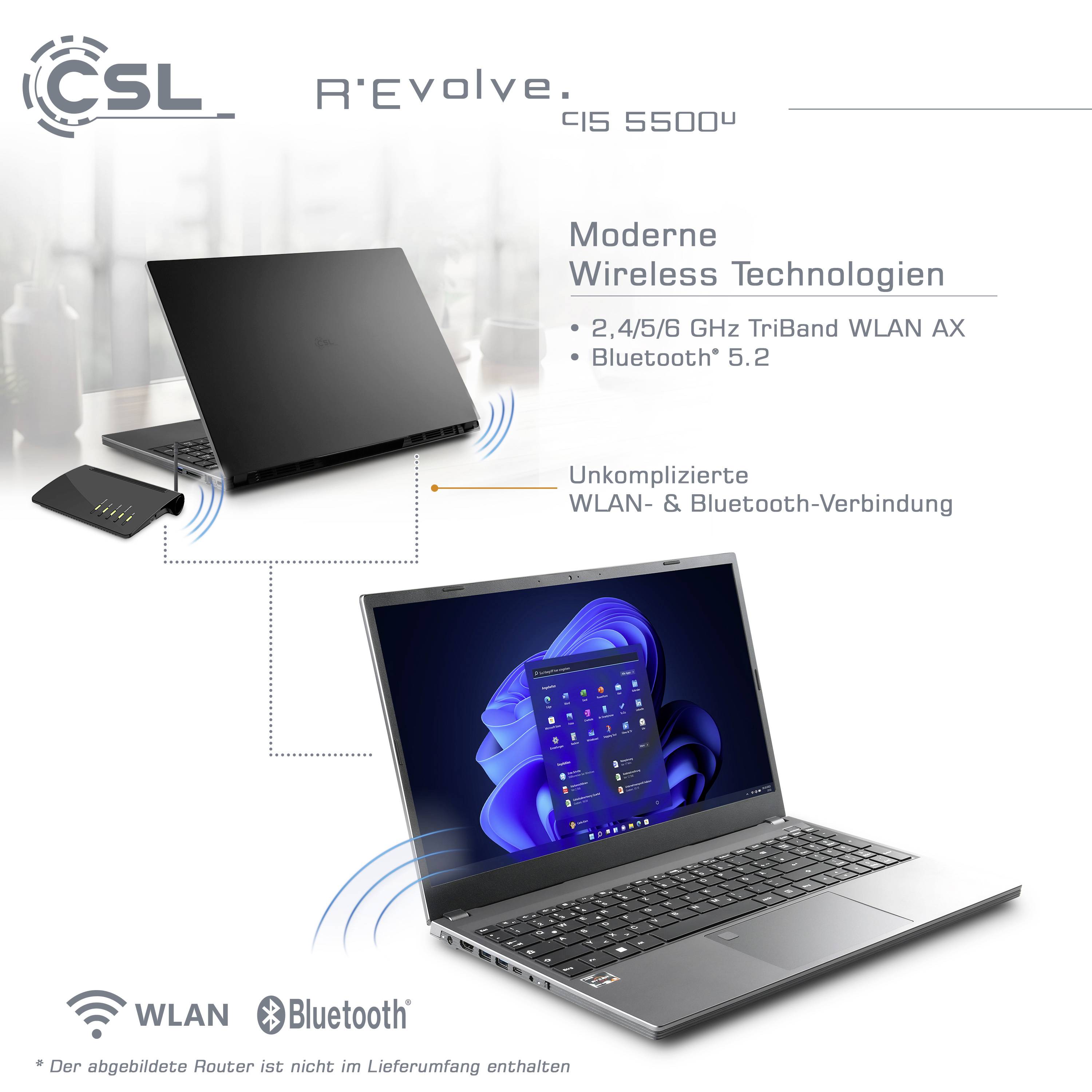Laptop und Router mit Text: 'Moderne Wireless Technologien', '2,4/5/6 GHz TriBand WLAN AX', 'Bluetooth 5.2', 'Unkomplizierte WLAN- & Bluetooth-Verbindung'.