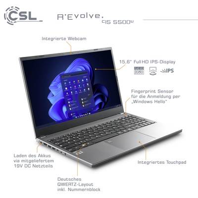 Ein Laptop auf einem Tisch. Text zeigt Details wie 15,6" Full HD Display, integrierte Webcam, Fingerabdrucksensor, und deutsches QWERTZ-Layout.