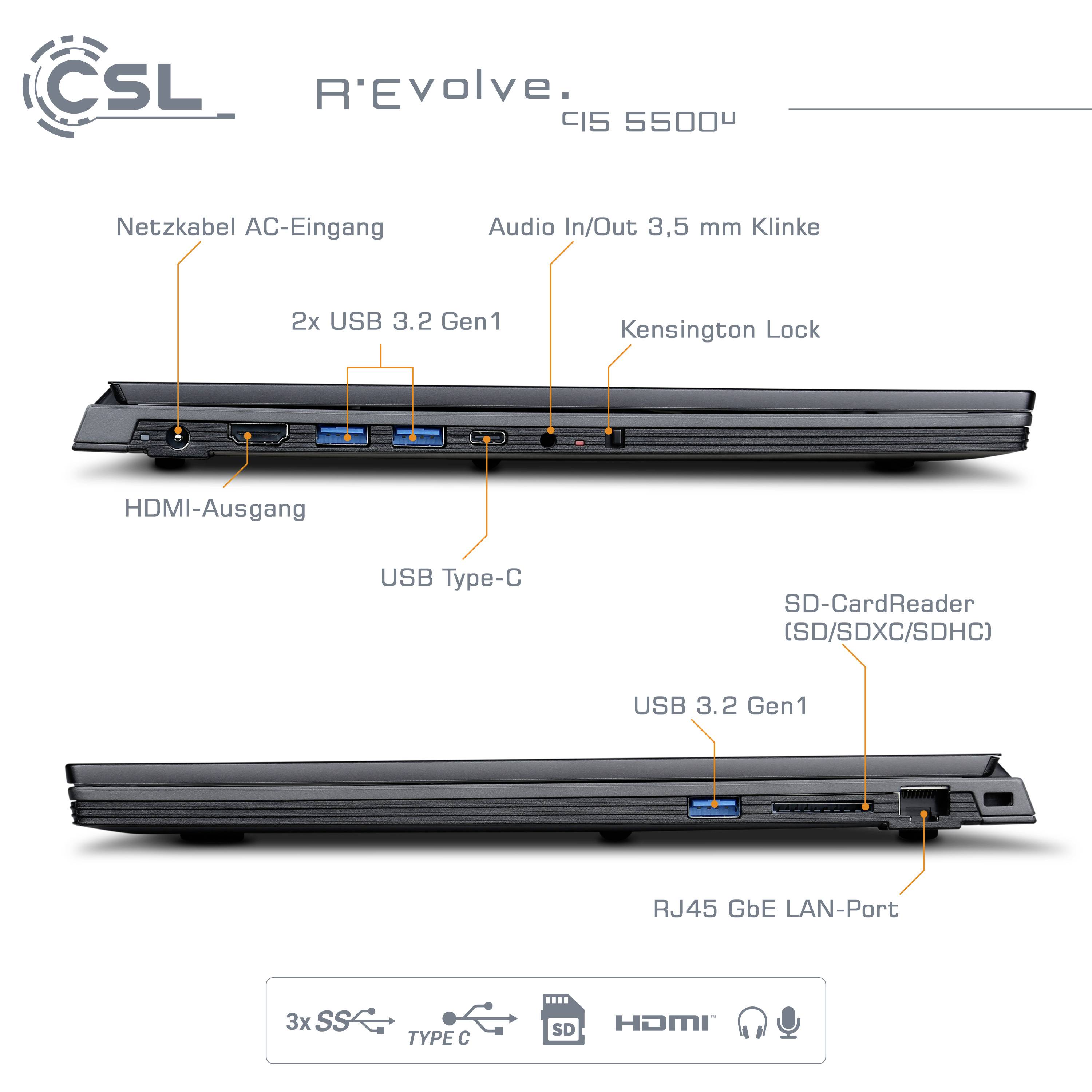 Ein Laptop namens 'R'Evolve' von CSL, Modell QS 5500U. Zeigt Anschlüsse: HDMI, USB Typ-C, USB 3.2 Gen1, Audio, SD-Kartenleser, LAN, Kensington Lock.