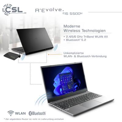 Laptop mit offenem Bildschirm zeigt bunte Grafik. Text beschreibt "Moderne Wireless Technologien" mit WLAN AX und Bluetooth 5.2. Oben links ist ein Logo.