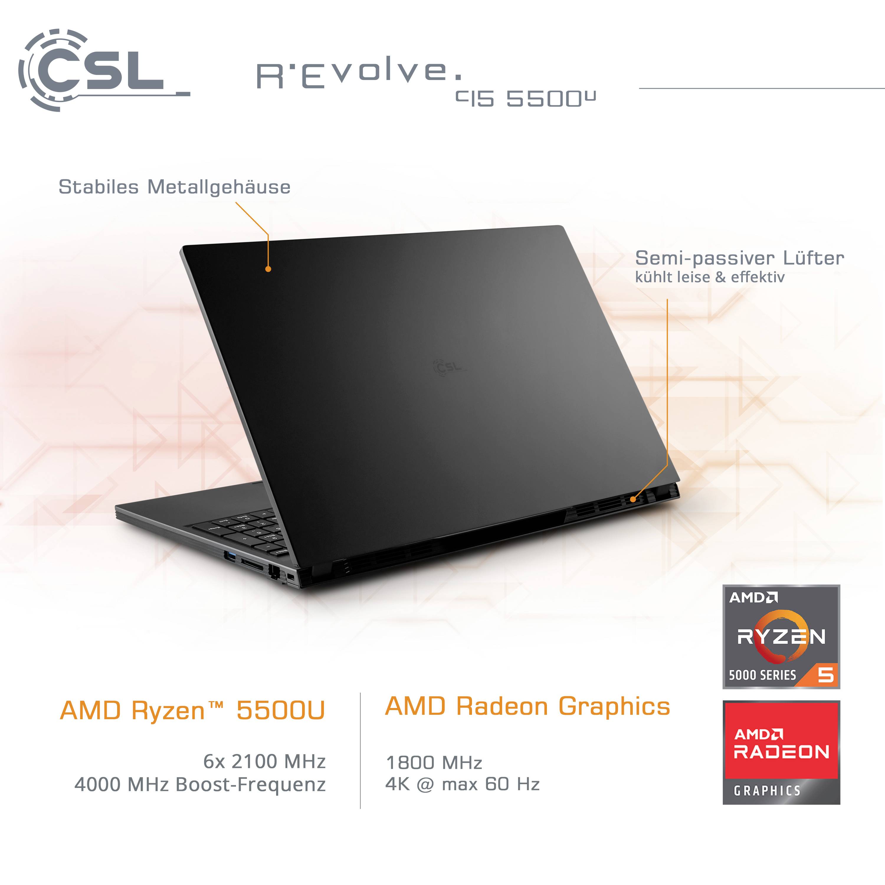 Laptop mit schwarzem Metallgehäuse. Text im Bild beschreibt 'Stabiles Metallgehäuse' und 'Semi-passiver Lüfter'. Prozessor: AMD Ryzen™ 5500U, Grafik: AMD Radeon.