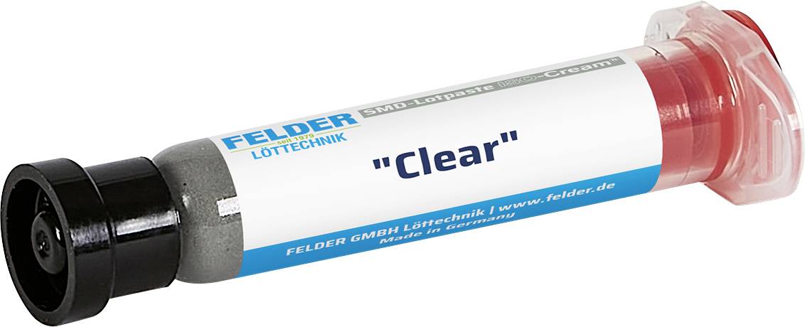Eine zylindrische Industriekartusche mit der Bezeichnung „Clear" von FELDER LOTFTECHNIK, mit schwarzen und roten Endkappen, auf weißem Hintergrund dargestellt.
