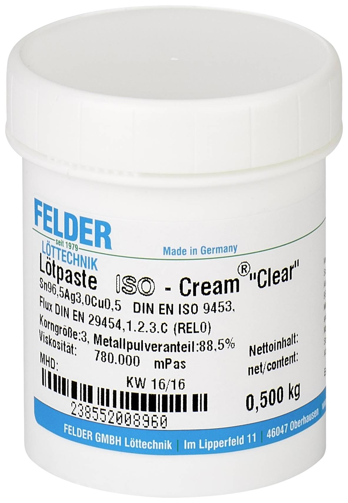 'FELDER Löttechnik' Lötpaste 'ISO - Cream "Clear"' 500g. Hergestellt in Deutschland. Enthält metallpulverhaltige Daten und Normen.