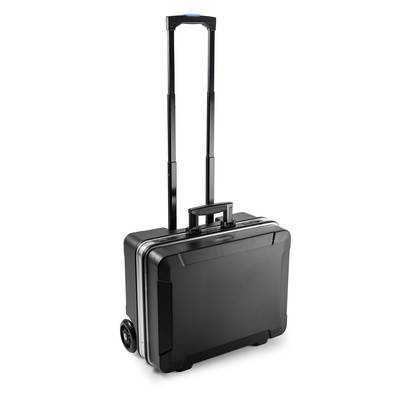 Schwarzer Hartschalen-Trolley mit ausziehbarem Griff und Rollen, zur Aufbewahrung und zum Transport von Dokumenten oder Laptops.