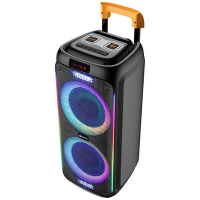 Tragbarer Lautsprecher mit Bluetooth, zwei großen leuchtenden Lautsprechern, oberen Bedienelementen und einem orangenen Griff zum Tragen.