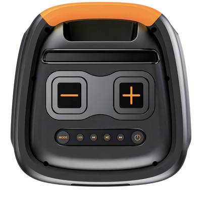 Schwarzes tragbares Gerät mit orangefarbenem Griff, zwei großen '+' und '-' Tasten, Modus- und Power-Taste, LED-Anzeige.