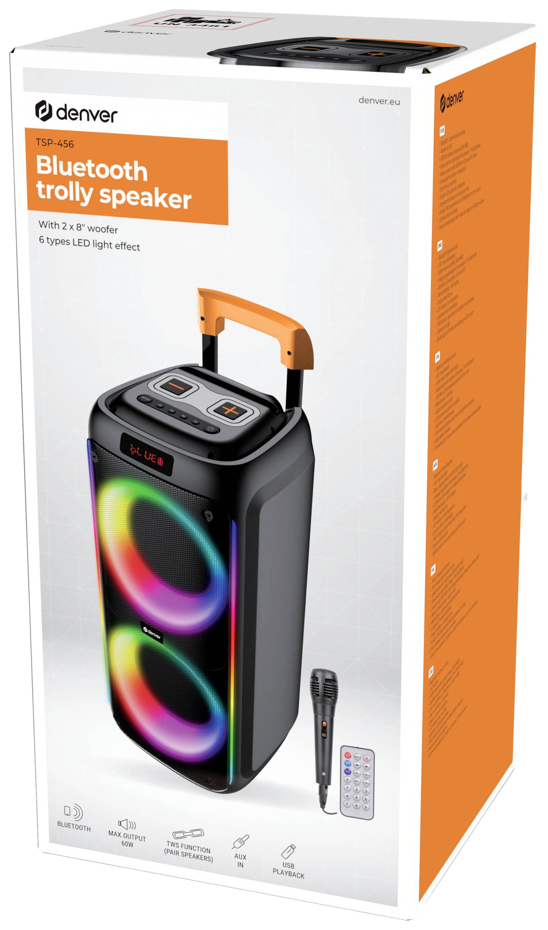 'Bluetooth-Lautsprecher mit Trolley-Griff, 2 x 6,5"-Woofer, LED-Lichteffekte. Inklusive Mikrofon und Fernbedienung.'