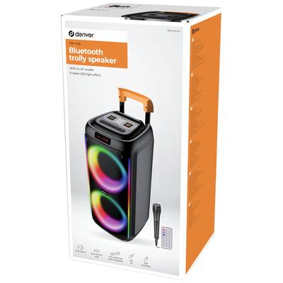 'Bluetooth-Lautsprecher mit Trolley-Griff, 2 x 6,5"-Woofer, LED-Lichteffekte. Inklusive Mikrofon und Fernbedienung.'