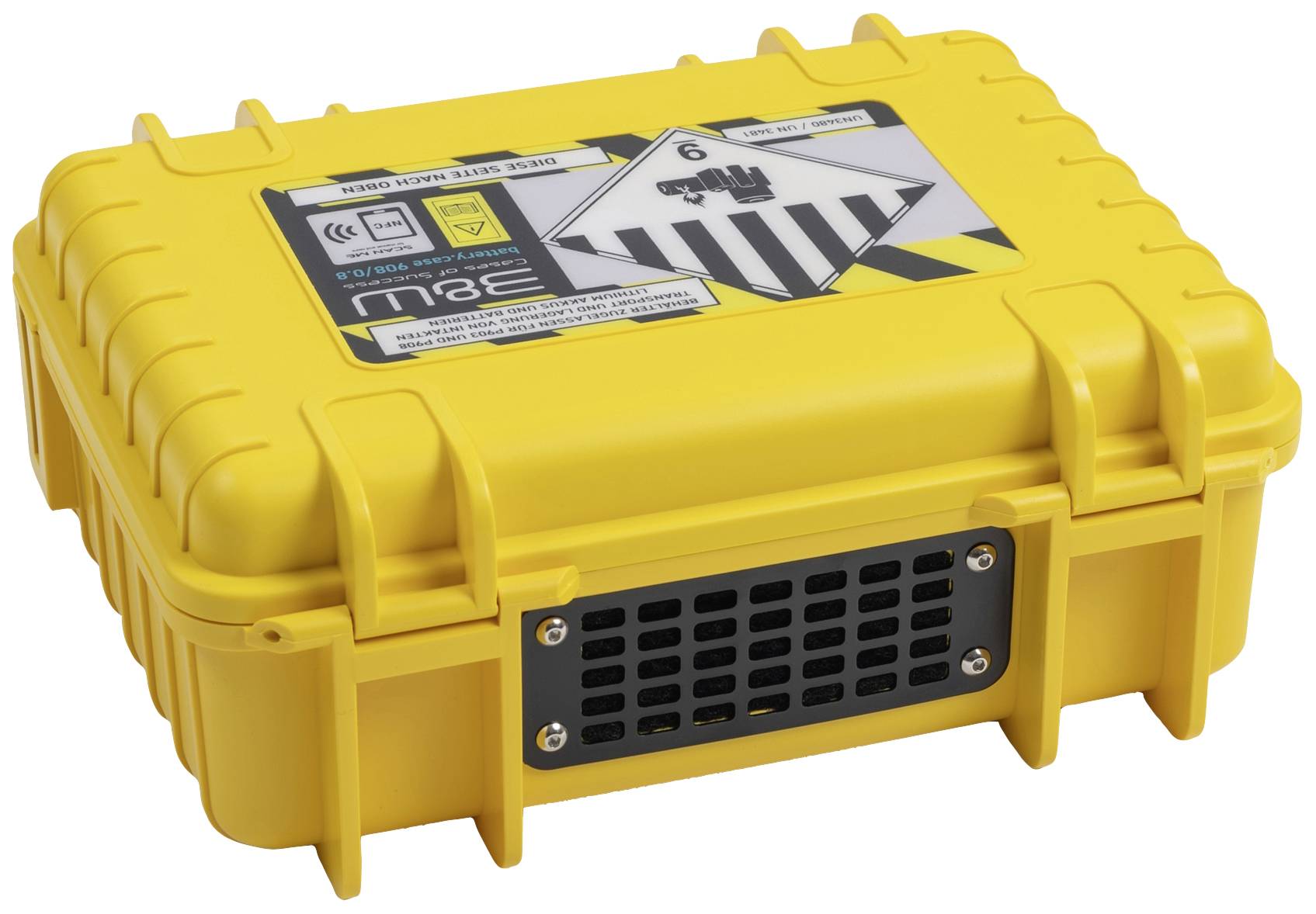 Gelber, robuster Schutzkoffer mit Sicherheitskennzeichnung und m3e-Logo auf der Oberseite. Geeignet für den sicheren Transport sensibler Inhalte.