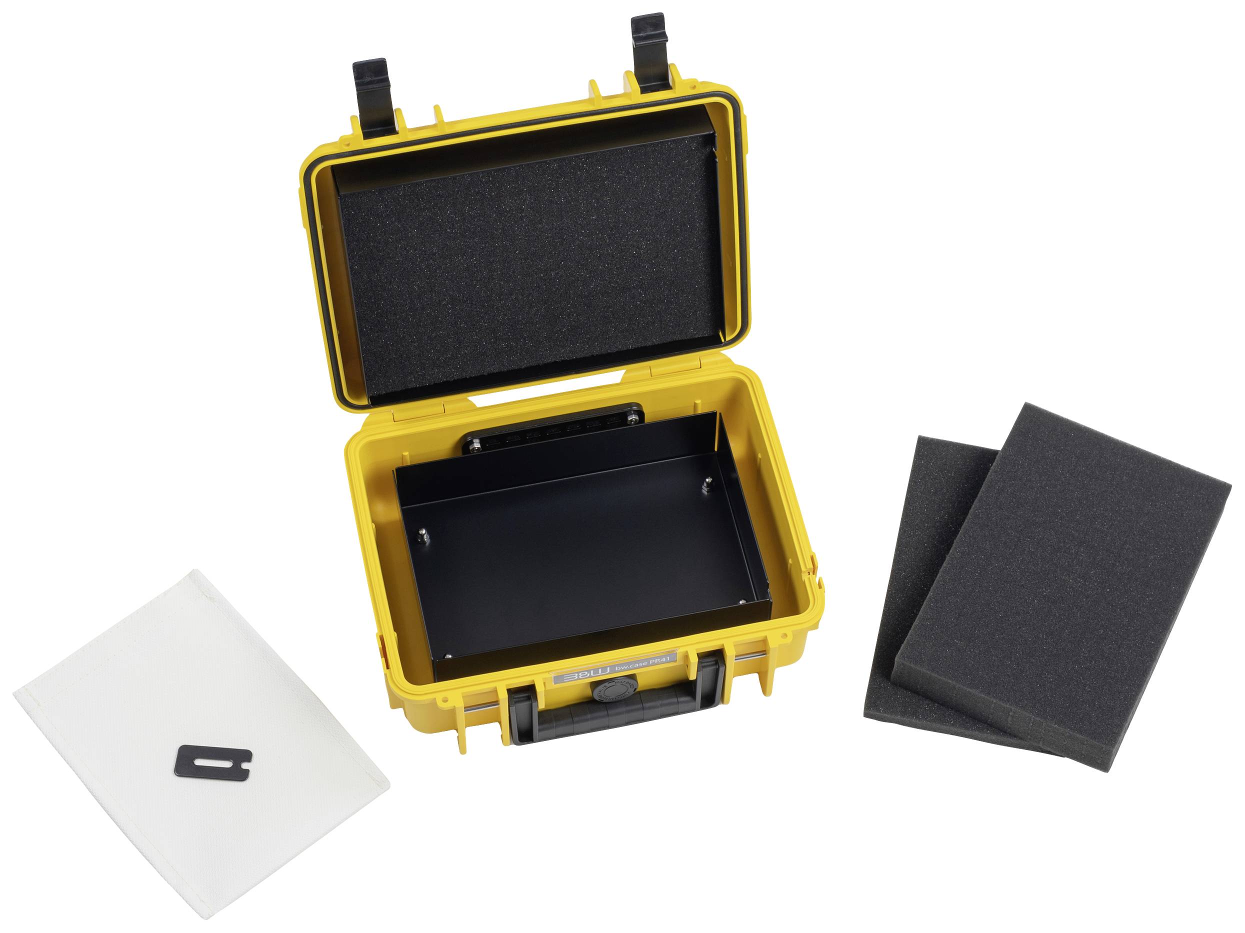 Gelber Schutzkoffer mit geöffneter Klappe, leere Innenseite. Daneben schwarze Schaumstoffpolster und ein weißes Papier mit Symbol.